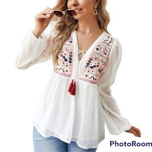 Shein Curve Embroidery Fringe Detail Peplum White Blouse Top Size 3X( 18 ) EUC